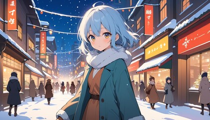 Winter Wonderland: A young anime girl with short blue hair gazes wistfully at the snowfall,  her warm coat and scarf offering a cozy contrast against the snowy city streets.