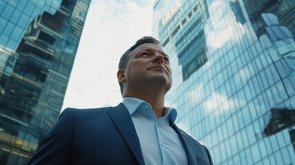 Fototapeta premium Portrait of businessman outdoors against the backdrop of glass multi-story offices