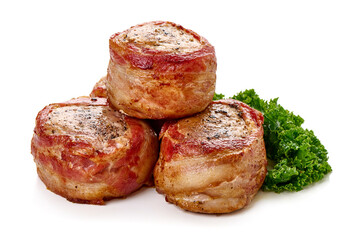 Bacon-wrapped pork medallions, isolated on white background.