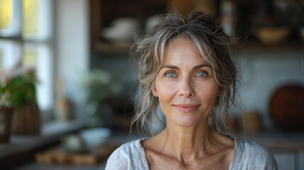 Obraz premium A photographic portrait of a 40-year-old woman, natural and relaxed appearance, wearing casual clothes, with a soft smile and gentle eyes, taken from a straight-on view using a 30mm lens.