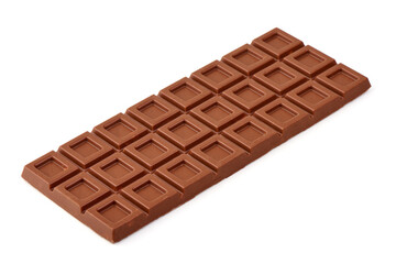 Milk chocolate bar with textured surface, isolated on white background.