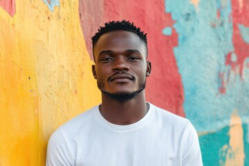 Obraz premium Portrait of a young african man dressed in white t shirt standing on the colorful background