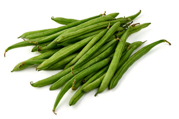 Fresh green beans, organic vegetables, isolated on white background.
