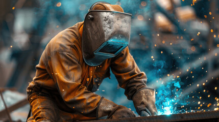 A young man welder in brown uniform, welding mask and welders leathers, weld metal with a arc welding machine at the construction site, blue sparks fly to the sides.