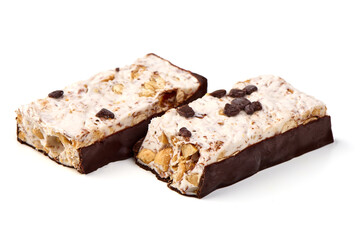Chocolate chip nougat bar with dark chocolate coating, isolated on white background.