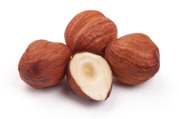 Organic Hazelnuts, isolated on white background. High resolution image.