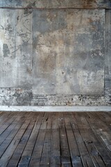 A rustic industrial interior featuring a weathered concrete wall and aged wooden floor, perfect for backgrounds or design inspiration.