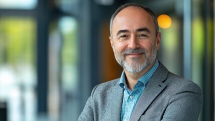 Naklejka premium portrait of successful businessman consultant looking at camera and smiling inside modern office building