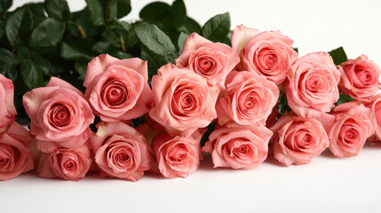 Obraz premium beautiful arrangement of blooming pink roses, showcasing their delicate petals and lush green leaves