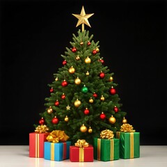 a festive Christmas tree with lush, green branches adorned with gold, red, and yellow ornaments