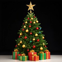 a festive Christmas tree with lush, green branches adorned with gold, red, and yellow ornaments