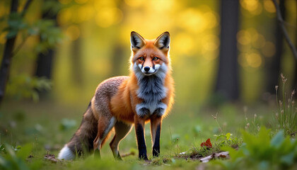 Fox in forest, looking curious, standing on grass with soft golden background