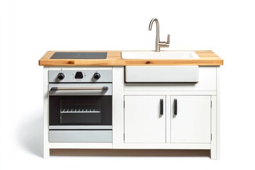 White play kitchen with oven, stovetop, sink, and wooden countertop.