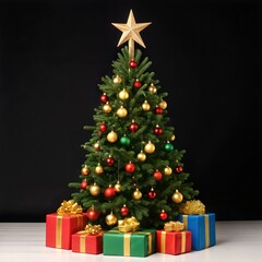 a festive Christmas tree with lush, green branches adorned with gold, red, and yellow ornaments
