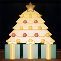 a festive Christmas tree with lush, green branches adorned with gold, red, and yellow ornaments