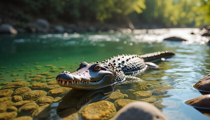 Crocodile in river, lying calmly, resting on rocky bottom with clear water background