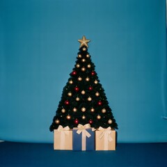 a festive Christmas tree with lush, green branches adorned with gold, red, and yellow ornaments