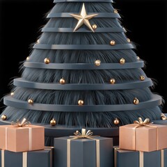 a festive Christmas tree with lush, green branches adorned with gold, red, and yellow ornaments