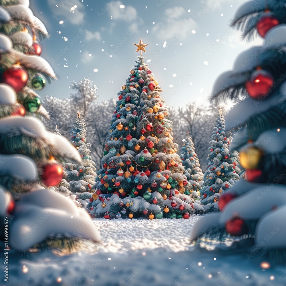 Poster a snow-covered forest with fir trees, a big fir tree in the middle which is decorated with colorful 