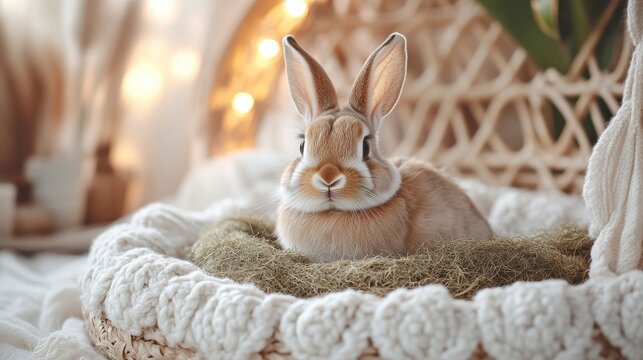 Small rabbit nestled in bohemian pet bed with soft textiles