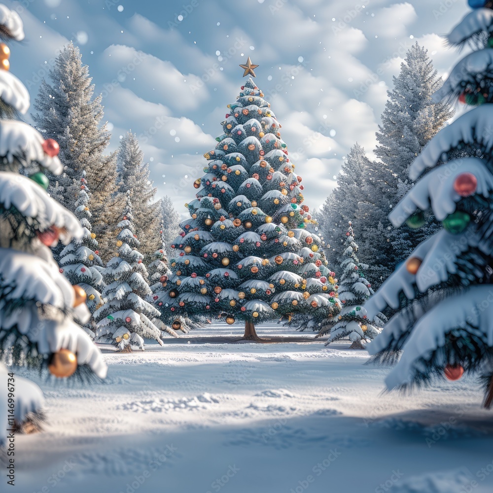 Poster a snow-covered forest with fir trees, a big fir tree in the middle which is decorated with colorful 