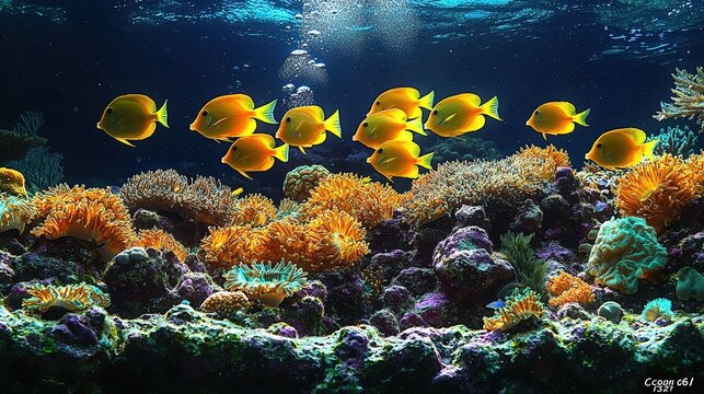 Fototapeta Vibrant underwater life in hawaiian coral reefs with yellow tropical fish