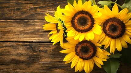 Vibrant yellow sunflowers on a rustic wooden table, close-up shot, Minimalist style © ArpPSIqee