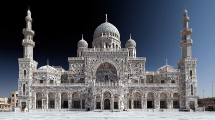 Fototapeta premium Grand white marble mosque with a large central dome and two tall minarets stands symmetrically under a deep blue sky.