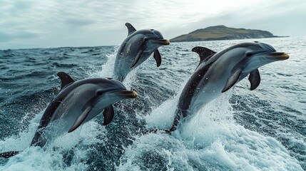 Obraz premium Joyful dolphins leaping in hawaii's turquoise waters