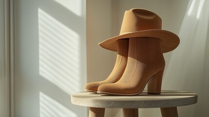 A pair of fashionable tan boots displayed alongside a matching tan hat on a wooden stool with soft lighting and shadows