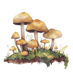 A watercolor drawing of a patch of mushrooms growing on the forest floor, surrounded by moss and fallen leaves, isolated on a white background. Nature vector.
