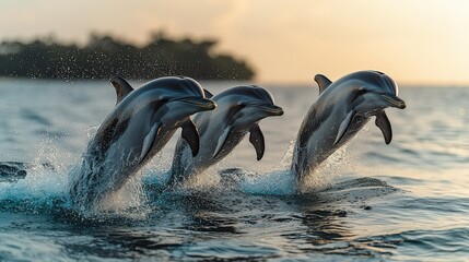 Obraz premium Playful dolphins at sunset in hawaiian waters