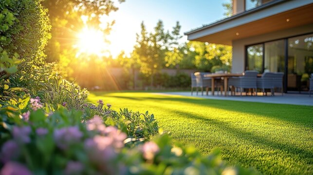Sunlit backyard with lush lawn, flowers, and patio furniture.
