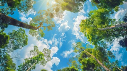 Minimalist rainforest treetops and sky.