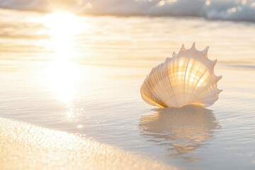 A seashell rests on a sunlit beach at sunset, reflecting the golden light.