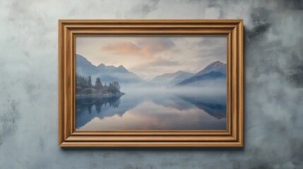 Wooden frame displays misty mountain lake scene.
