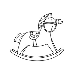 A cute coloring page with a rocking horse. A black and white illustration of a children toy animal.