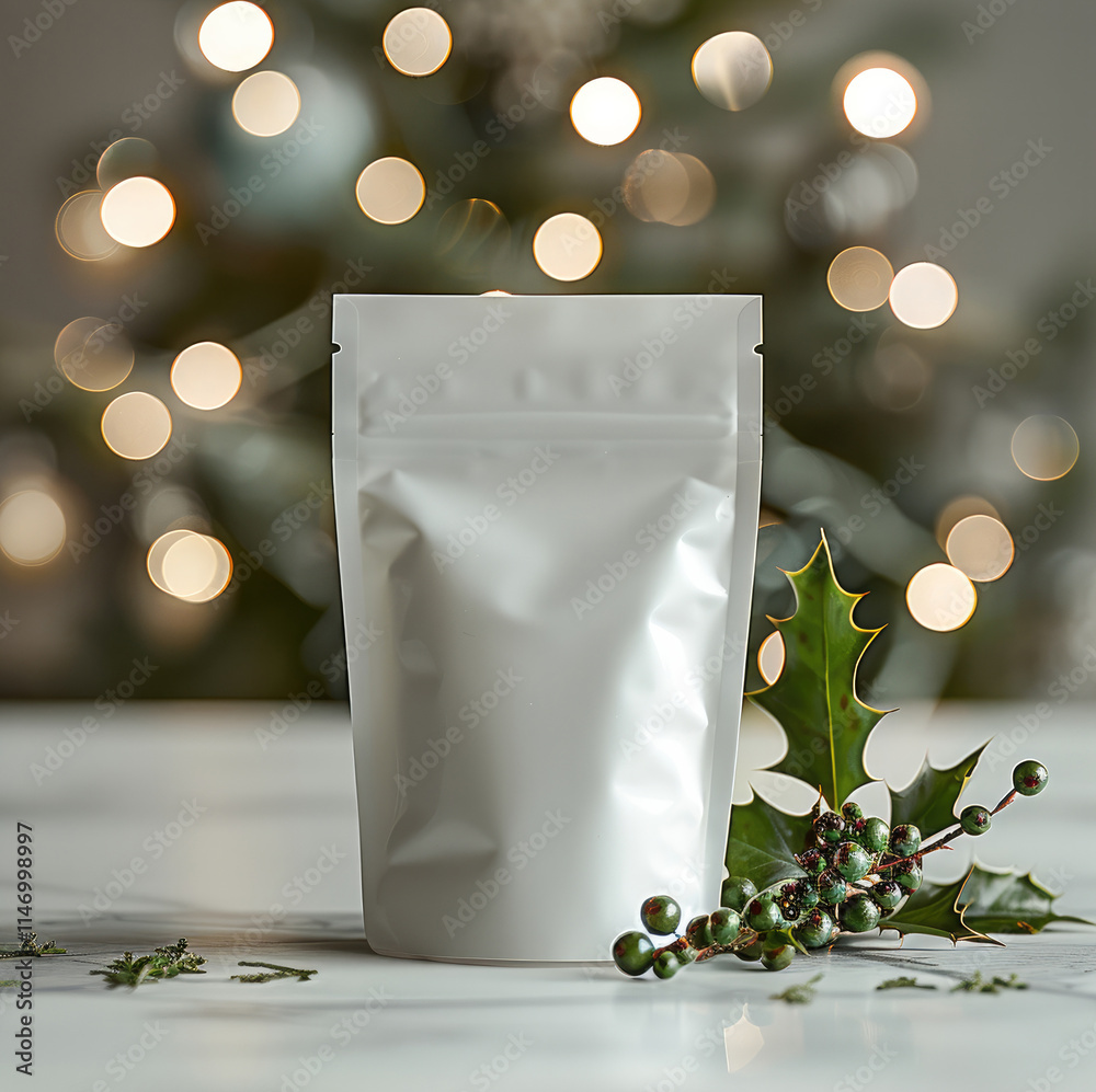 Poster the white stand up pouch is placed on a white tabletop with a small sprig of holly laid beside it. a