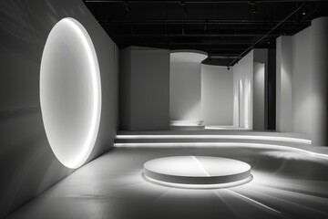 A sleek, modern interior featuring minimalist design, geometric shapes, and soft lighting, creating a serene and futuristic atmosphere.