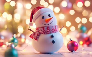 3D cute Snowman on bright christmas background