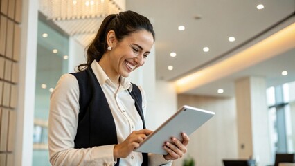 Obraz premium smiling female employee looking at tablet 