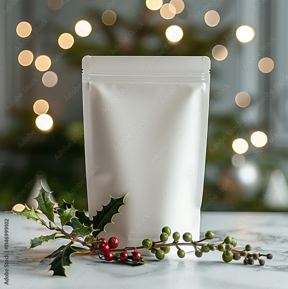 Poster the white stand up pouch is placed on a white tabletop with a small sprig of holly laid beside it. a