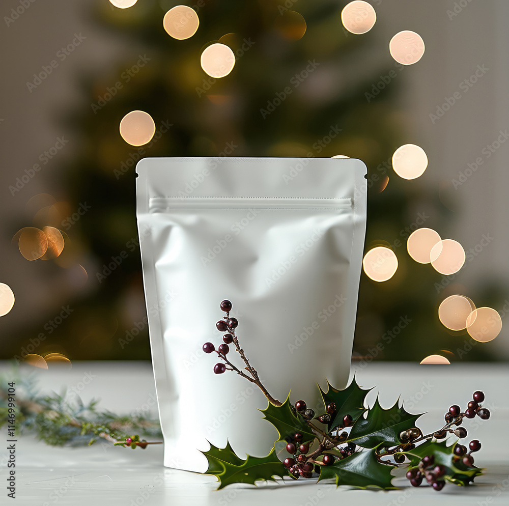 Poster the white stand up pouch is placed on a white tabletop with a small sprig of holly laid beside it. a