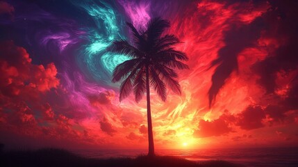 Obraz premium Vibrant hawaiian sunset with dramatic skies and silhouetted palm tree