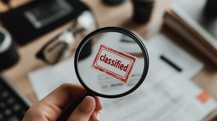 Fototapeta premium A person holds a magnifying glass over a 'classified' stamp on a document, with a blurred office background