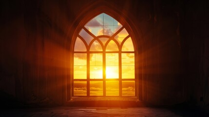 Fototapeta premium Open space with a silhouette of a church window against a golden sunset, inviting contemplation or inspirational messages