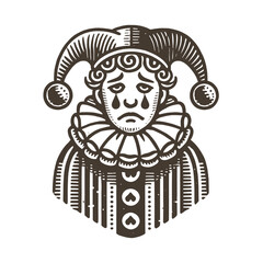  sad clown in Pierrot costume.  vintage engraving vector illustration, emblem, icon, print. isolated object