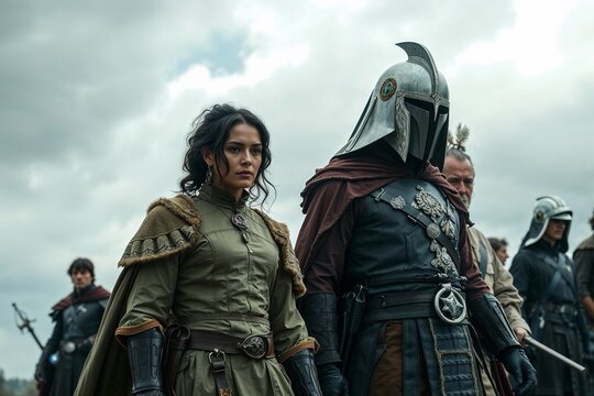  Medieval warriors in armor under cloudy sky