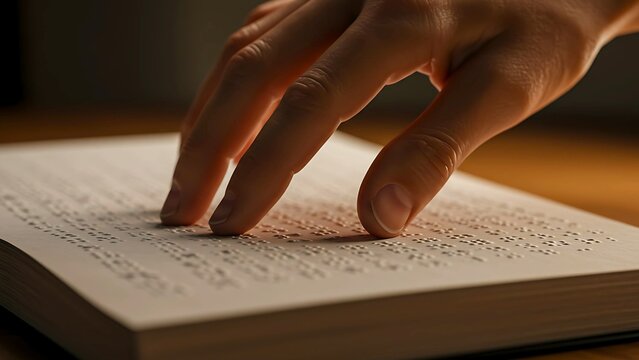 Close-up of Hand Reading Braille on Open Book the braille day