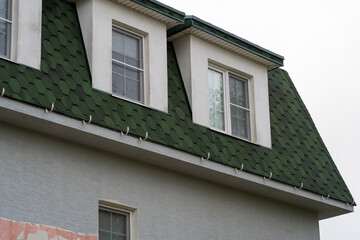 Dormer windows peek out from a distinctive green roof, showcasing architectural styles in a quiet suburban neighborhood with overcast skies